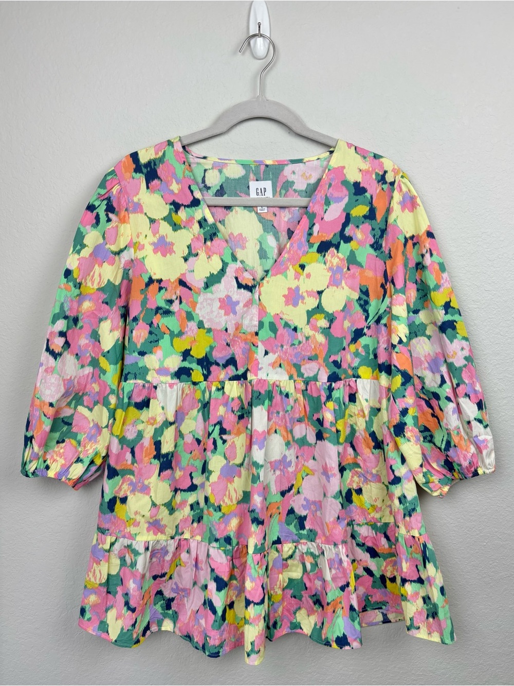 GAP Maternity 100% Cotton Multicolored Vibrant V-neck Tiered Poplin Blouse Sz L